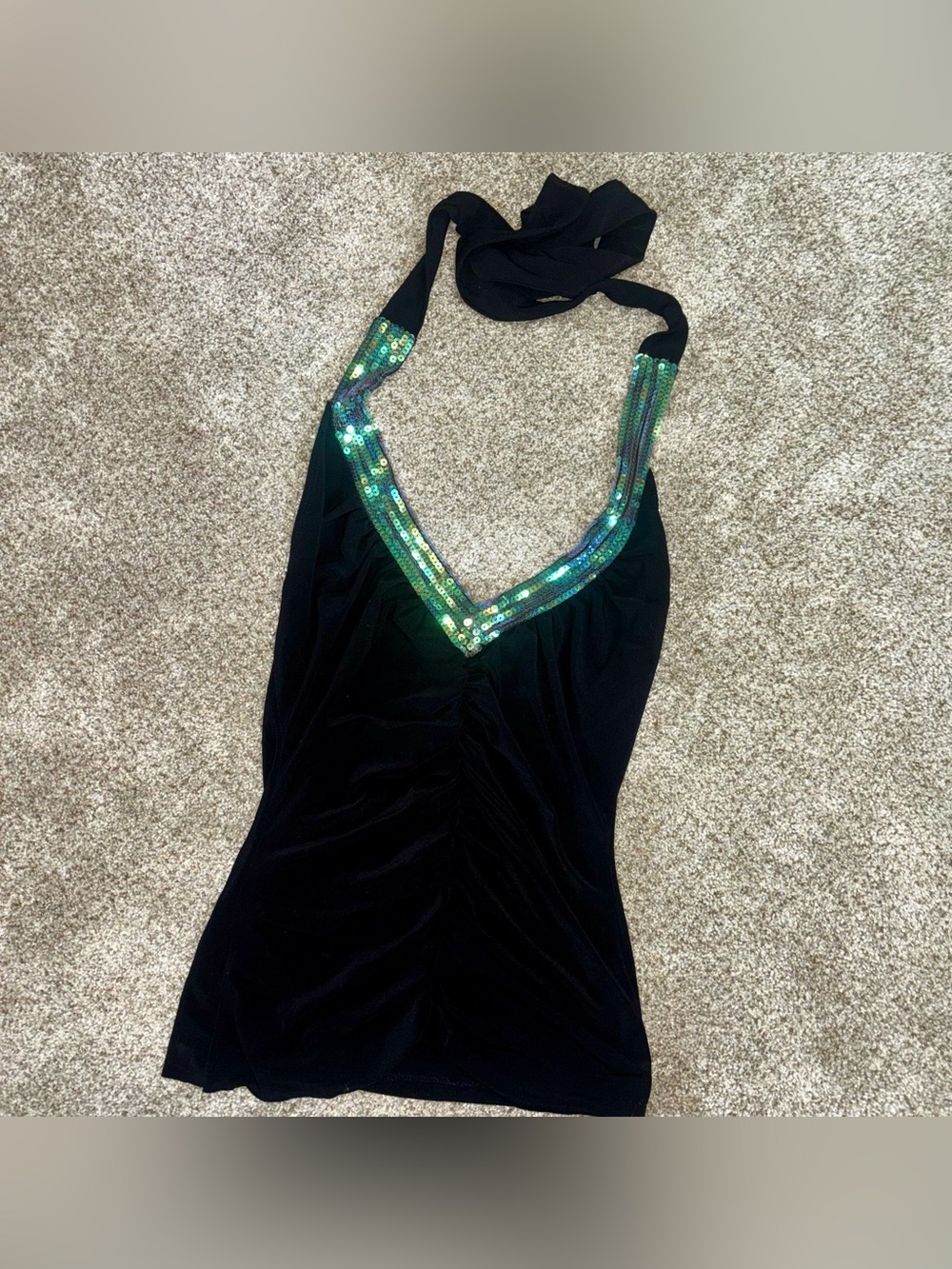 Black Halter Tank with Green Iridescent Sequin Trim